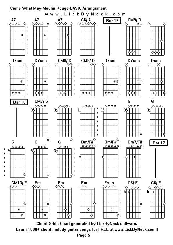 Chord Grids Chart of chord melody fingerstyle guitar song-Come What May-Moulin Rouge-BASIC Arrangement,generated by LickByNeck software.